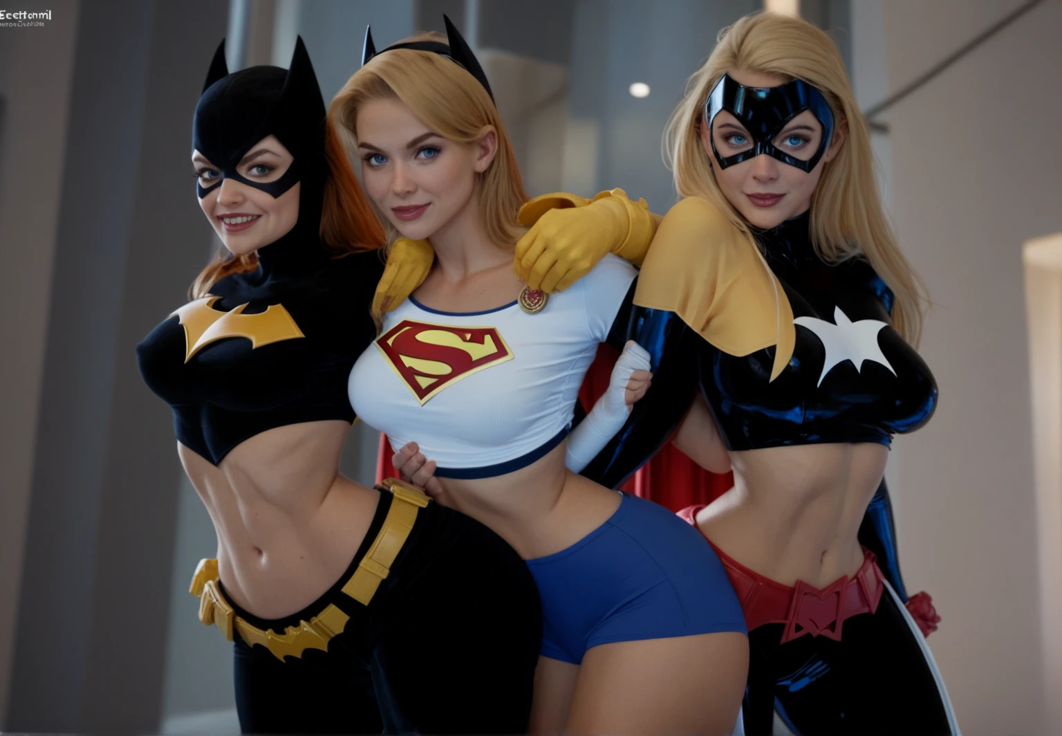 ((best quality)), ((masterpiece)), perfect face,((HIGHLY DETAILED)), ((batgirl)) tight bat girl outfitS, ((Topless)), ((REALLY BIG BEAUTIFUL TITS)), (E-cups) ,((HARD ROSEY PINK NIPPLES)), small aeriolas,xxx, NSFW, PROVOCATIVE POSE, ((BLONDE PONYTAIL)) ,(( 22 year old TWIN BABES)), (TONE BODIES) , TAN SKIN.