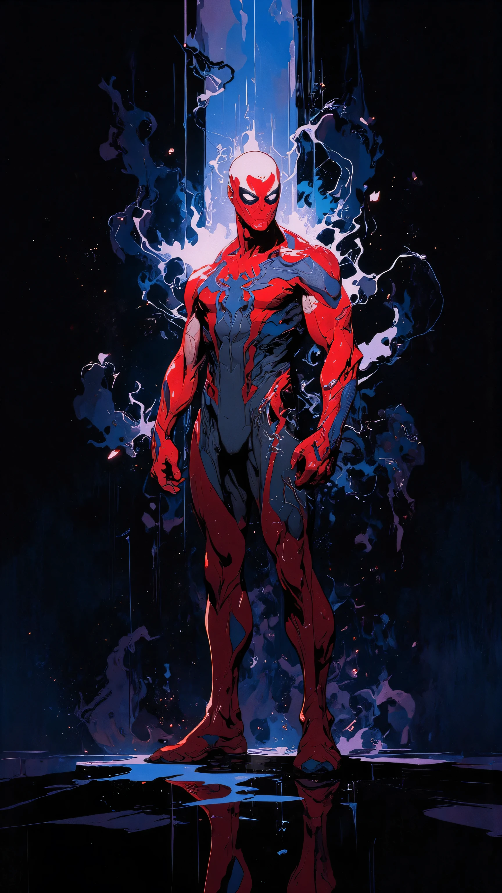 8k, realistic, charismatic, very detailed, Joker, Spider-Man, symbiote, superhero theme, full body, ray-traced images of Arthur Pan, trends on Artstation, digital art, red and cinematic lighting, dramatic shadows and beautiful vivid colors capture scenes. Romantic art style, suit, Spider-Man suit, Spider-Man logo, flat perspective, character standing, perfect face