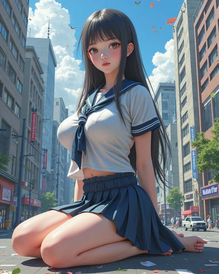 1 teenage girl,tall,{(black hair:1.2),medium hair,(straight hair:1.5),swept bangs},(big breasts:1.2),break,{school uniform,short sleeve shirt,break,(plaids skirt:1.2),(tie:1.2)},leaning forward,hands on knees,cleavage,(Fine eyes and skin:1.2),(Detailed facial features:1.2) ,(Perfect Style),(Beautiful Face),at city