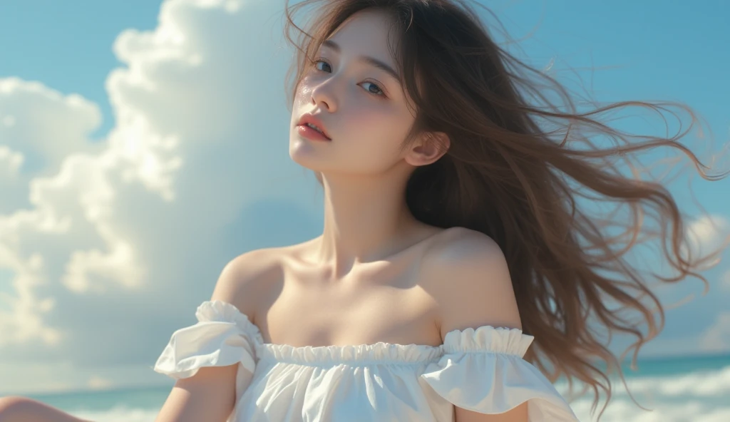 top-quality、masterpiece、Angle from above、Japan women、18year old、A dark-haired、Lustrous hair、short-cut、Straight hair、Korean Style Beauty、big eye、Double eyes、、all-fours、Reach out to the front、White Ruffled Chiffon Sleeveless Top, White Tulle Maxi Skirt Dress, Mermaid Line, wicker basket bag,Massive landscape, Giant Glass Bottle, hour glass, A Divided World, colorful petals, Blue sky, white clouds, Vast meadow, surreal atmosphere, captivating scene, Delicate flowers, Gentle beauty, Encapsulated nature, Distant horizon, Ethereal Atmosphere, seductive sight, Grit, Time lapse, intricate designs, Transparent container, Suspended reality, Complex mechanism, tranquil surroundings, Timelapse, suspended animation, Contrasting areas, Seductive colors, Swirling sand, Seamless migration, Captivating display
, masutepiece