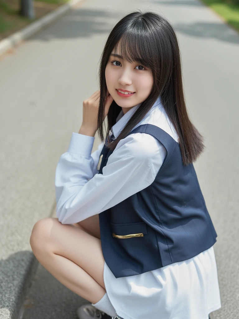 software:1.5、close , ((from an angle)), highest quality, table top, 16k, realistic, concept art, Beautiful girl crouching on the beach , beautiful face, smile gently、beautiful light brown bun hair, beautiful light brown eyes, plump breasts, look at the audience, blush, high school uniform, blazer, pleated skirt, Navy blue socks、loafers,low person,No panties, sunset seashore, orange sky, beautiful clouds,natural light