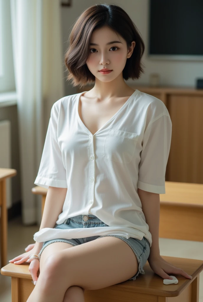 ultra realistic 8k cg（1girll），beautiful eyes、((Perfect female body))、brunette color hair，sitting stretched out on a compact and aesthetically pleasing bed，(wearing a large oversized t-shirt that covers up to her knees and drooping over one shoulder)), Seductive look、Very detailed_Eyes、Full breasts、 beautifully detailed background、depth of field、shot from afar、 (ambient lights:1.3)、(cinematic compositions:1.3)、(Neon light:0.1)、(hdr:0.1)、emphasis lighting、