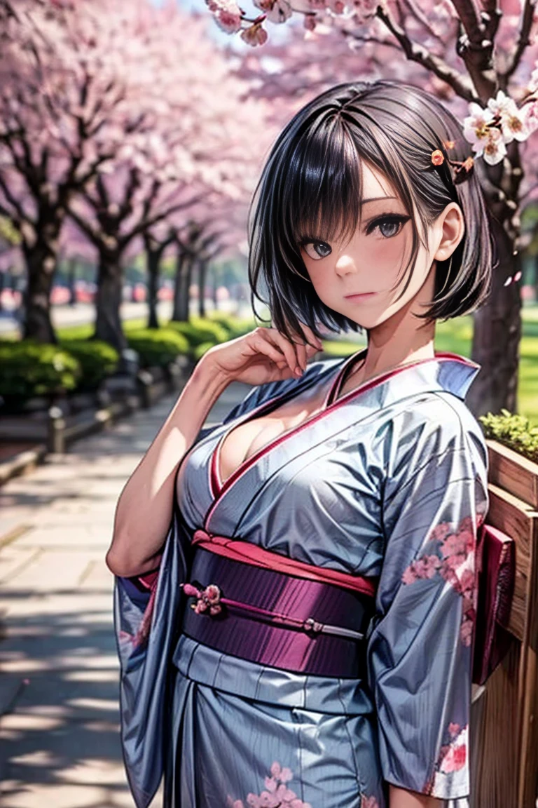 (((ultra high definition))), (((Naoha Kiritani))), masterpiece, best quality, detailed, (1 girl), alone, (超detailed黑眼睛, short hair, permanent: 1.2), Be close to the audience, (sexy kimono), (wet, Wet hair :1.2), smile, (Plump breasts, attractive body :1.2), (Put your arms behind your back), water, Sunset, (earring), (cherry blossoms in bloom), Snowy mountains and lake in the background,