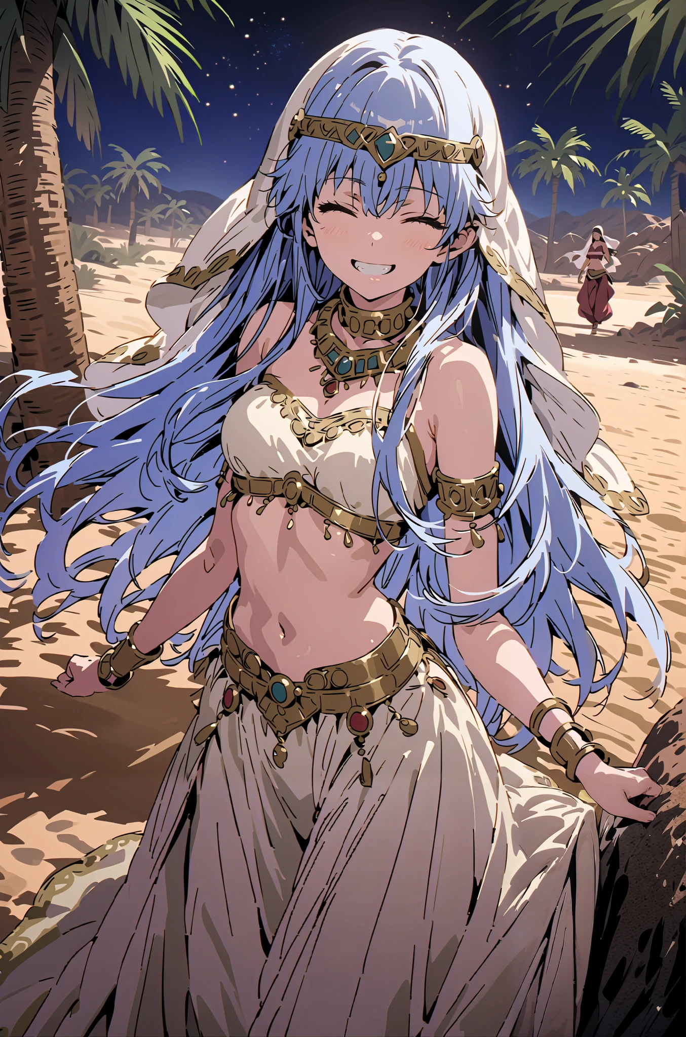 Prohibited bibliography, blue hair, long hair, Harem outfit, White Veil, Arabian clothing, collar , Mousebale, circlet , harem pants, thighs, gold trim, dancer ,,is standing,smile, grin ,close his eyes,night,Palm Trees,full bodyがillustrationに入るように,break outdoors, oasis, desert,
break looking at viewer,full body,
break (masterpiece:1.2), best quality, high resolution, Unity 8k Wallpaper, (illustration:0.8), very detailed face, so that it fits into the illustration, extremely detailed CG, (curved body, perfect anatomy),