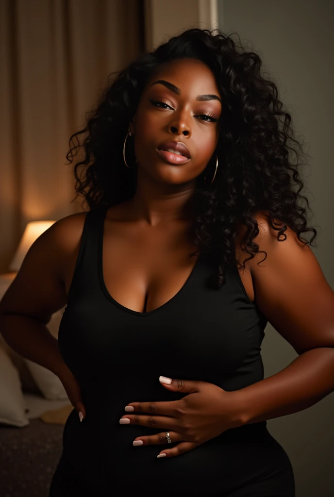 model gorgeous, ethereal, curvy model, Jamaican black skin dark melanated woman with chubby cheeks, Masterpiece, curvaceous, extremely detailed sexy nighty, (full size body shot:1.25), stunning, dynamic body pose, long flowing curly black hair,comic illustration, digital art, painted masterpiece, bokeh, sharp focus, shallow depth of field, cinematic lighting, photographed on a Sony a9 II Mirrorless Camera, (highly detailed:1.2), (soft focus), HDR, 8k resolution, perfect composition, beautiful detailed intricate insanely detailed octane render trending on artstation, 8 k artistic photography, photorealistic concept art, soft natural volumetric cinematic perfect light, chiaroscuro, award - winning photograph, masterpiece, oil on canvas, raphael, caravaggio, greg rutkowski, beeple, beksinski, giger