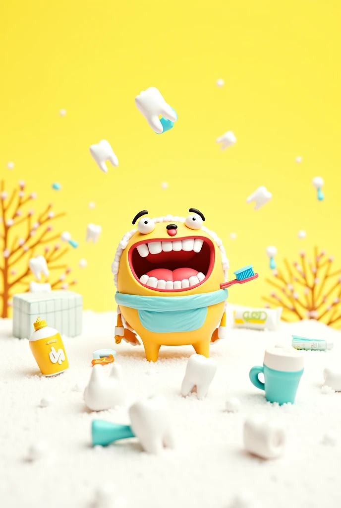 I want a cartoon character that needs toothpaste, brush and teeth falling in the snow and in a yellow color