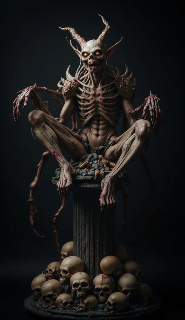 Character sitting on a throne,Inspired by Francis Bacon's reinterpretation, anthropomorphic being made up of a ratified head, remaining, trunks, estate, with a green background of plants ,on a bio organic throne. expressionist