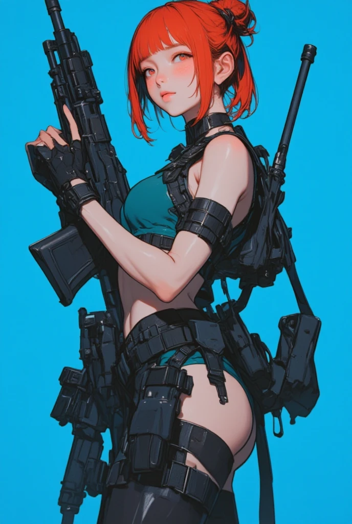 Masterpiece, best quality, from side,Kousaka honoka, blue eyes, (orange hair:0.8), white head band,sad, strapless ,Camouflage paint leotard, (exposed ass cheeks:1.2), big breasts , looking back ,gun