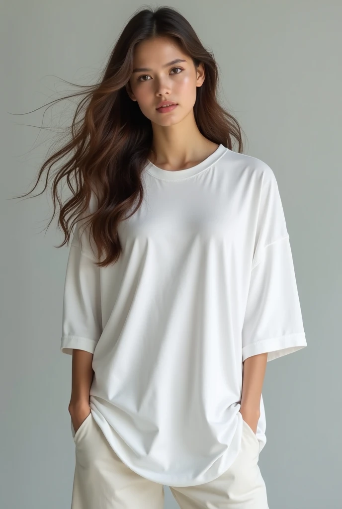 A beautiful girl with wavy long hair in an oversized white t-shirt is standing in the studio on a gray background