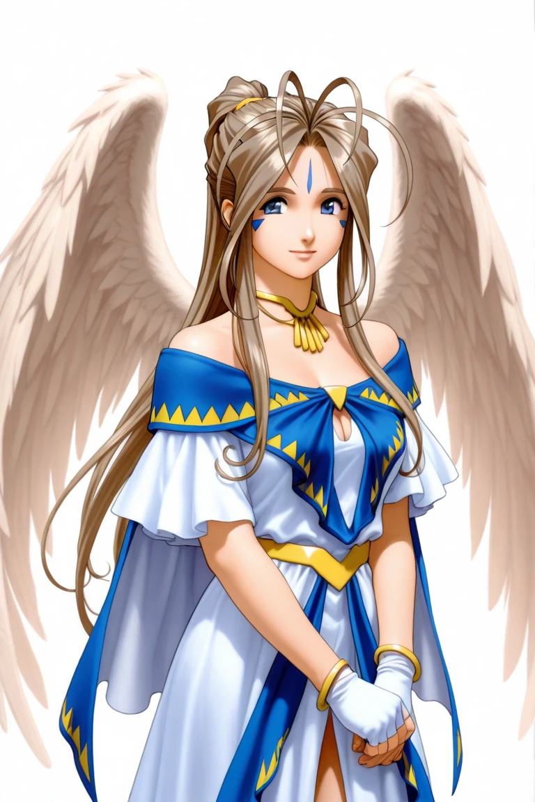 (Masterpiece), (best quality), ((ultra detailed)), score_9, score_8_up, score_7_up, score_6_up, score_5_up, score_4_up, source_anime, beautiful detailed hair, 1girl, Lovebell-sdxl, brown hair, long ponytail, blue-gloves, fingerless gloves, white wings, choker, bracelet, ring, angel wings, open mouth, BREAK, (outdoor, forest, mountain, sky, sun, small_cloud), looking at viewer, (cowboy shot:1.2),