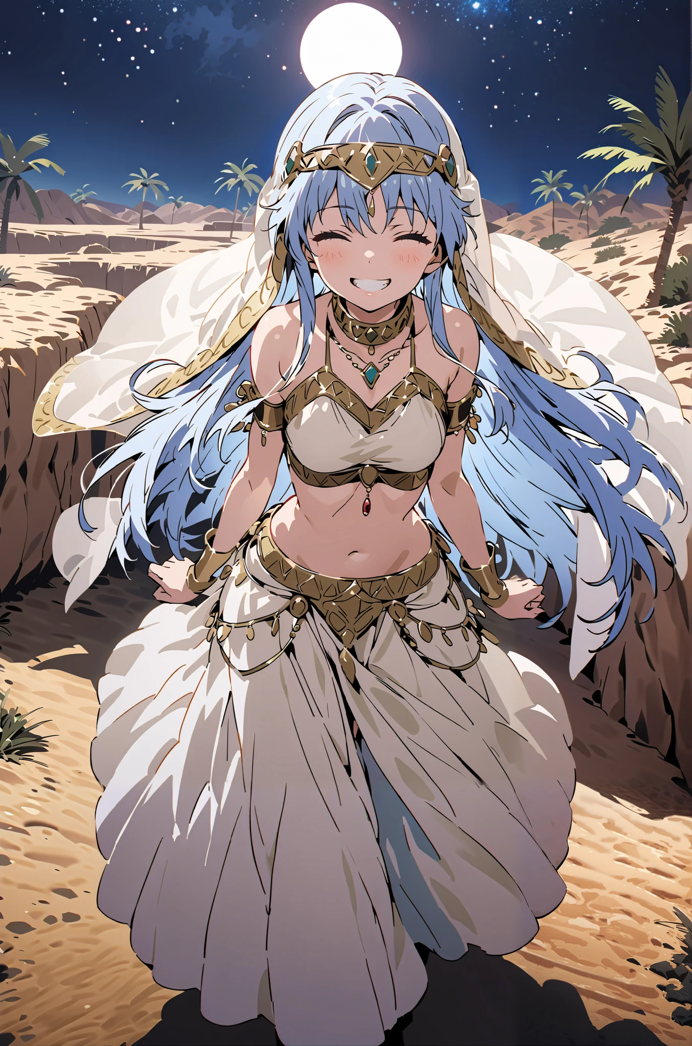 Prohibited bibliography, blue hair, long hair, Harem outfit, White Veil, Arabian clothing, collar , Mousebale, circlet , harem pants, thighs, gold trim, dancer ,,is standing,smile, grin ,close his eyes,night,Palm Trees,full bodyがillustrationに入るように,break outdoors, oasis, desert,
break looking at viewer,full body,
break (masterpiece:1.2), best quality, high resolution, Unity 8k Wallpaper, (illustration:0.8), very detailed face, so that it fits into the illustration, extremely detailed CG, (curved body, perfect anatomy),