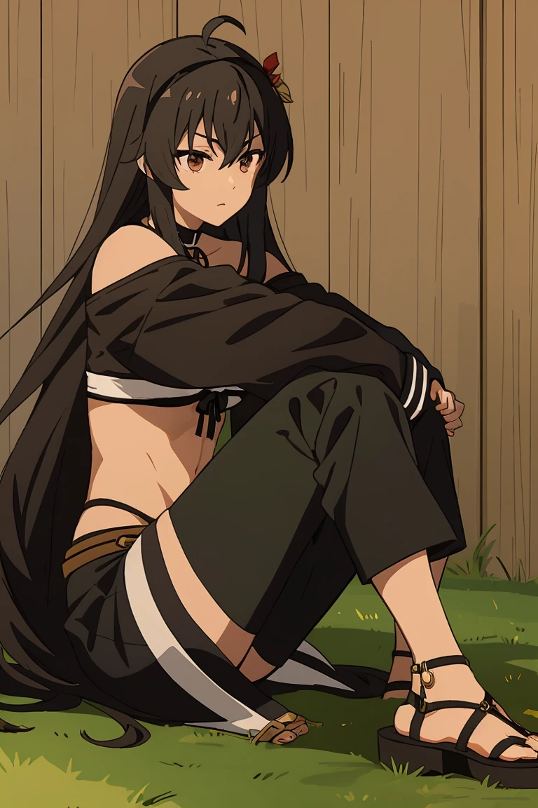 A shadowy, ethereal female ninja from the Naruto world is depicted with long flowing black hair and deep brown eyes, poised in a striking standing pose. Clad in light armor, she embodies the iconic Masashi Kishimoto style. This stunning image, reminiscent of a captivating painting, showcases intricate details such as delicate armor embellishments and the ninja's intense gaze. The high-quality rendering captures the essence of the character with unparalleled precision, making it a mesmerizing piece of art.