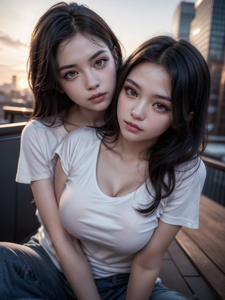 (2girls:1.3), (Ultra Realistic, hight resolution), (Highly detailed eyes, Highly detailed hair, Highly detailed face, Highly detailed plump lips), (off shoulder with open breasts), breasts, Upper body, Search Smile, (Best Quality:1.4), Raw photo, (Realistic, photo-Realistic:1.37), Professional Photography, Cinematic Light, (Fine face: 1.2), (View from above),