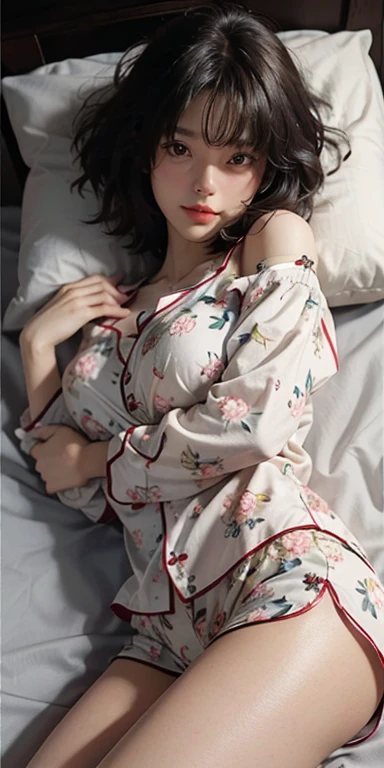 Lying on the bed face down、Cute looking at you, 22 years old, Realistic, She wears a short, She is wearing floral pajamas, short hair.Shoulder Bare、Chest visible from the front