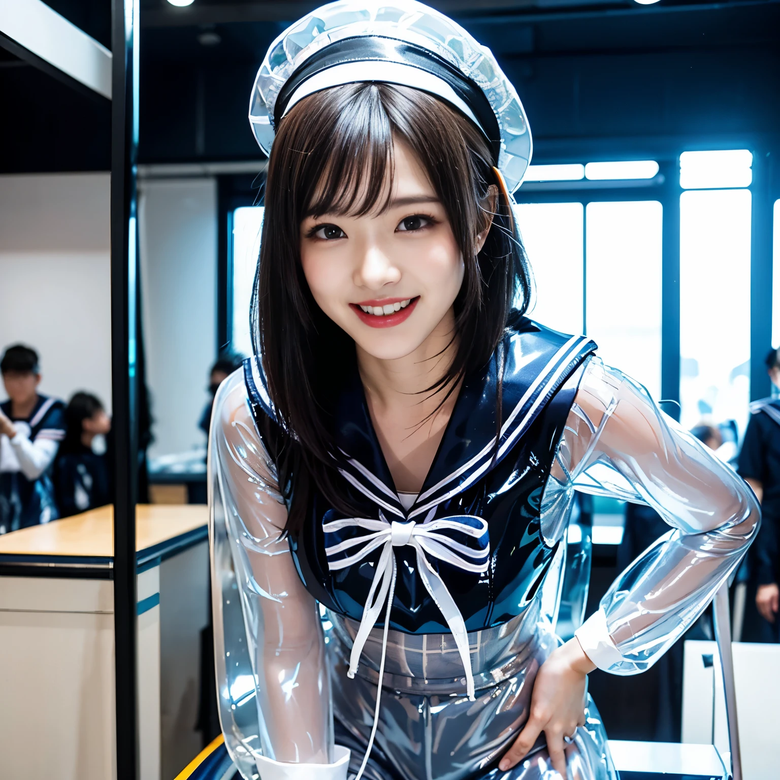 A young and beautiful woman、very beautiful、Top Idol、(Concert)、Euphoric look、smile、sweating、Dance hard、Hair is moving、((Tight transparent latex sailor suit:1.45))、(ribbon、Sailor Hat)、Spotlight、View your viewers、