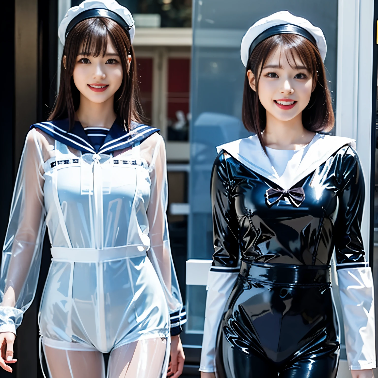 A young and beautiful woman、very beautiful、Top Idol、(Concert)、Euphoric look、smile、sweating、Dance hard、Hair is moving、((Tight transparent latex sailor suit:1.45))、(ribbon、Sailor Hat)、Spotlight、View your viewers、