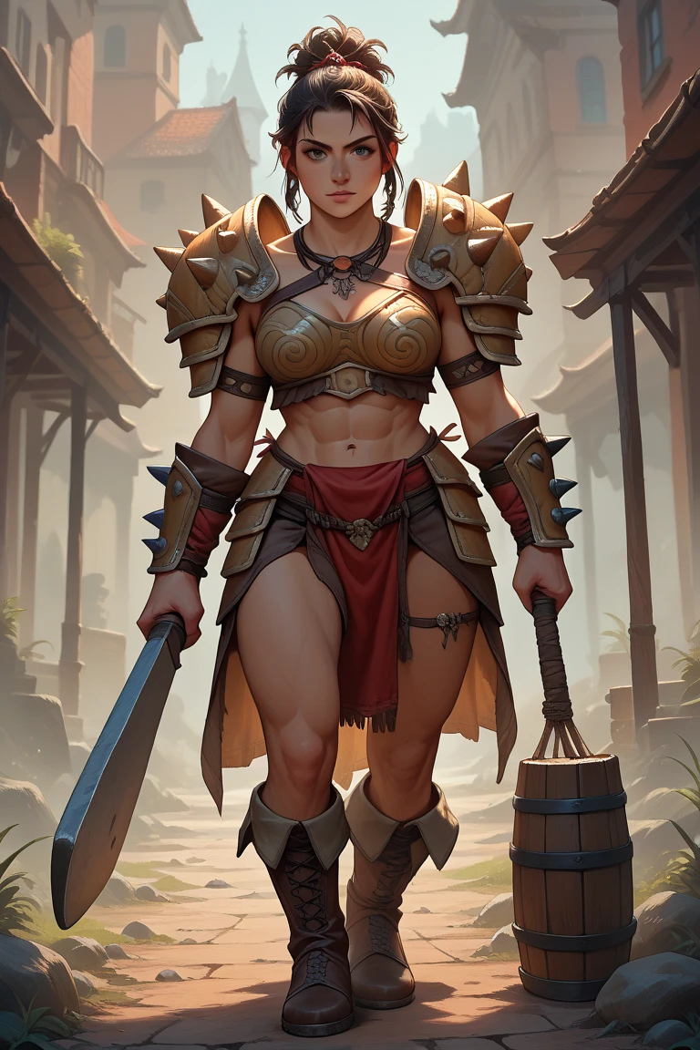 Adult, dark-skinned, big-breasted, muscular woman, anime style