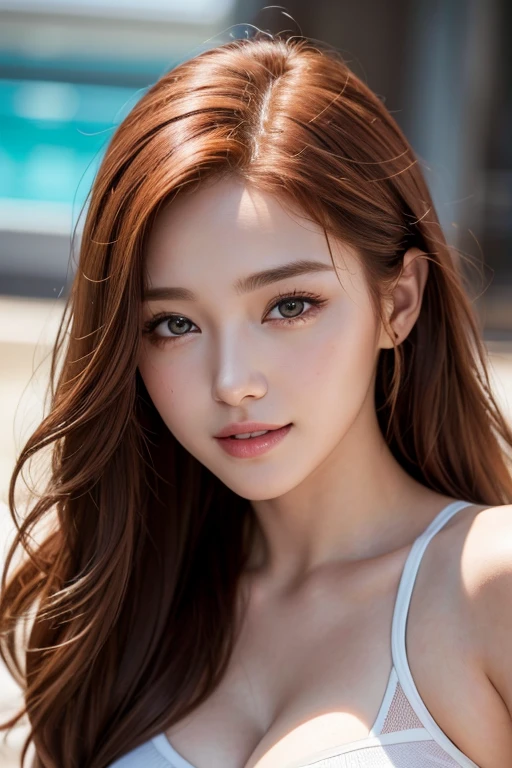 extreme close-up of beautiful beautiful korean female, 34 inch breasts size, red wavy hair, wearing tank top, taking from above, UHD