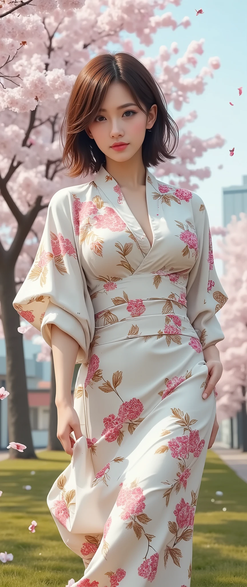 (Top Quality、masterpiece、winning work、16k), 、((A solo sexy cherry blossom goddess, Dancing splendidly: 1.2))、((geisha、Oiran、sexy Japanese traditional kimono dress、very details Cherry blossom flowers printed on kimono dress:1.5)), ((big breasts:1.2), (Big Breasts:1.2), (raised and crisp bust:1.2), (lifts the chest:1.2), (Perky breasts :1.2), , ( double breasted,Underbust:1.2), button gap with, walks under a row of cherry blossom trees、Sakura Fubuki, Clothes from strong winds blow up、cherry blossom petals are blown away by strong winds