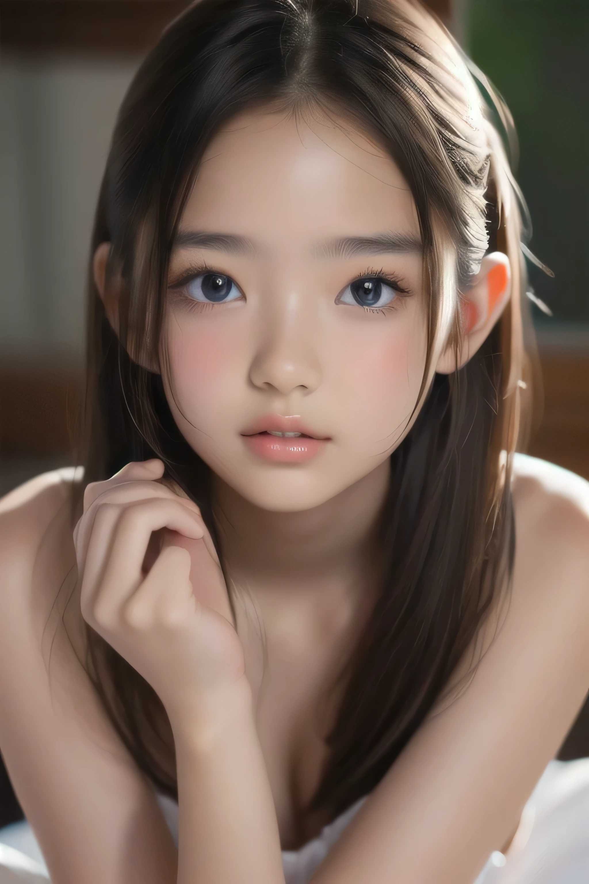 ((Detailed and realistic faces)), (7 years old:1.2), (1 person), Girl, (Baby Face:1.2), (Very thin body:1.3), (Small breasts), in the forest, (nude), (The gesture of brushing back black hair with both hands), (No makeup), (full body), (((Expressions of ecstasy))), (((profuse sweat on the face and body,)))