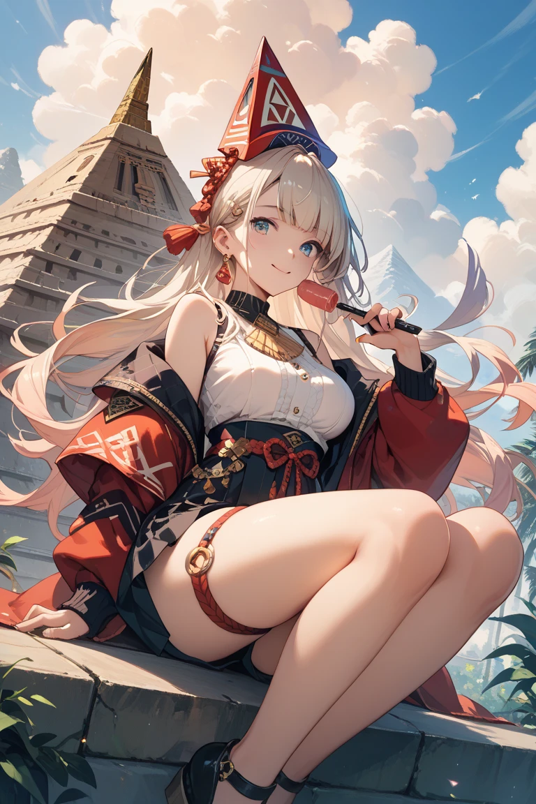 A DJ Buddha mixing music outside a temple on the beach next to a young tantric priestess in loincloth with tattoos and percings Photo Realistic --auto