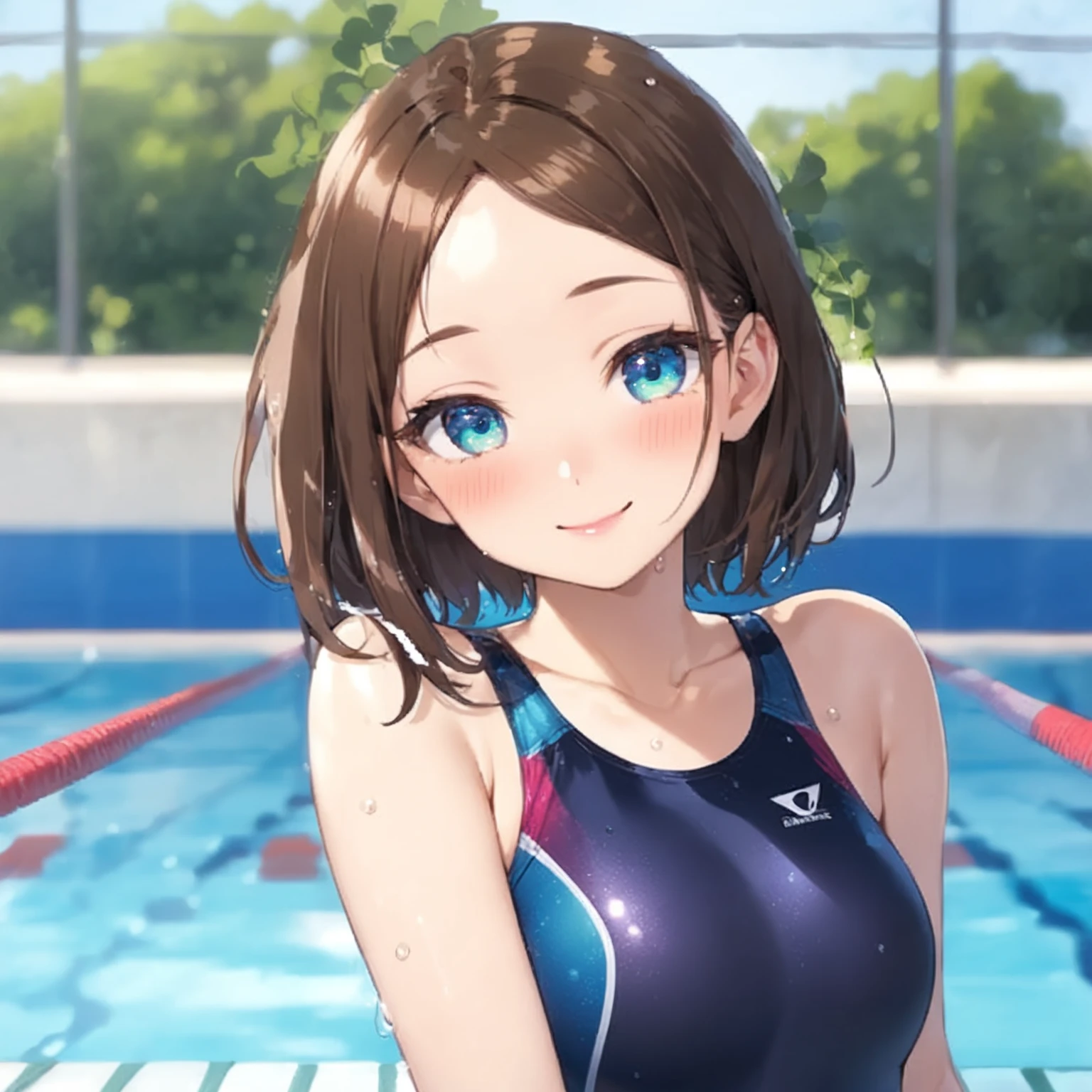 detailed illustration, dynamic angle, ultra-detailed, illustration, 1girl, dark blue swimsuit, thin swimsuit, white jacket, medium breasts, laying in snow, long red orange hair, pony tail, light blue eyes, bright eyes, swimming pool, swimming, racing, swim lanes, competitive swimming, splashes, laying in the water, arms moving