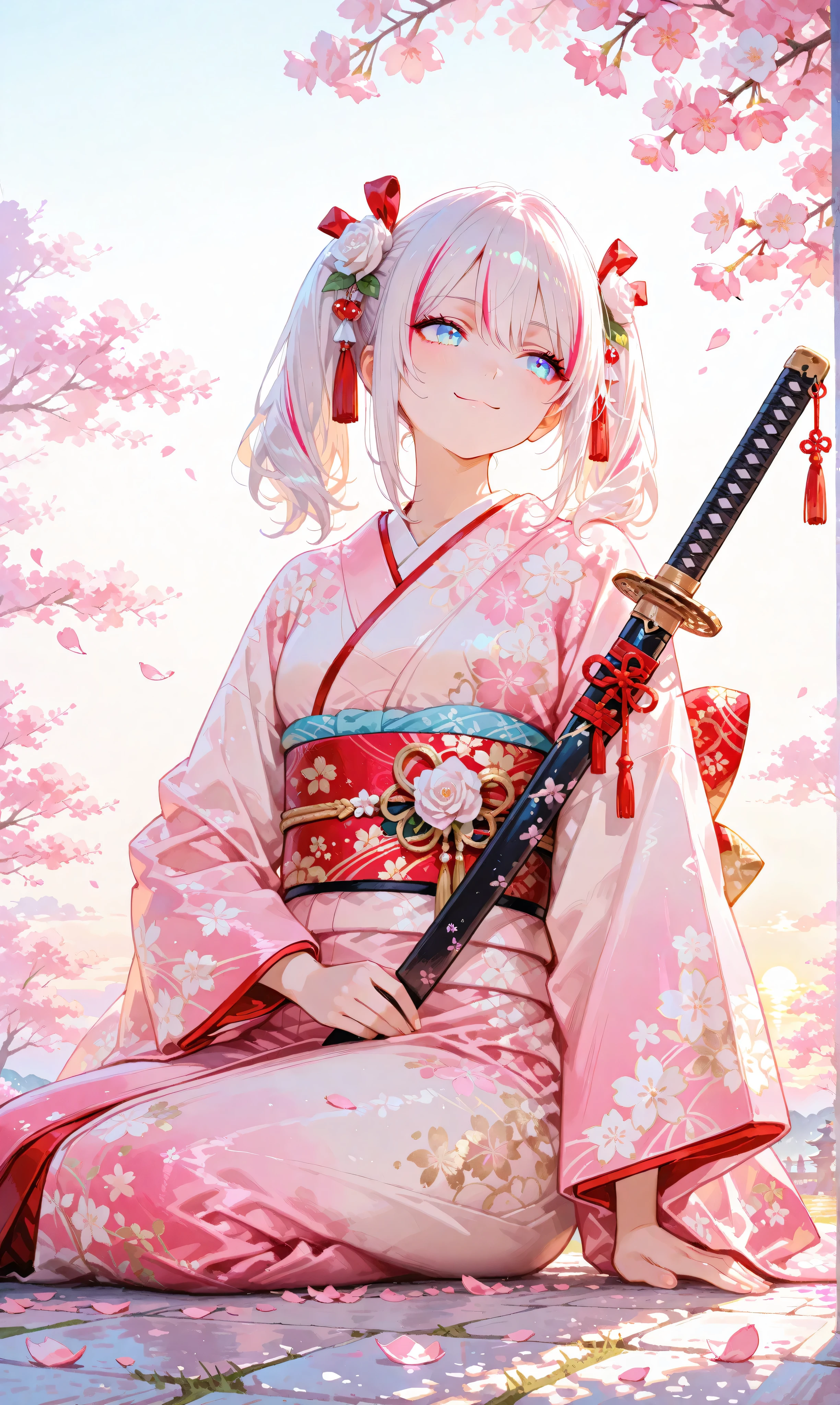 A single girl with lustrous, jet-black twin tails adorned with faint white highlights, tied with ribbons, dressed in an exquisite kimono featuring traditional Japanese floral motifs, her striking blue eyes glowing with quiet strength. She sits on the ground, a katana resting horizontally beside her, a small, tender smile on her face as she prepares to rise, exuding perseverance. The backdrop features a cherry blossom avenue, where white rose petals drift with cascades of pink sakura, bathed in the soft golden light of sunrise. This blend of scattered battlefield remnants and blooming cherry blossoms evokes hope and renewal, with dawn’s light casting a gentle, uplifting glow. A simple white background frames her elegantly, rendered with a watercolor effect (0.4) and pastel tones (0.6), delivering an ultra-high-resolution portrait that highlights the intricate details of her kimono, hair, and the vibrant cherry blossom environment.