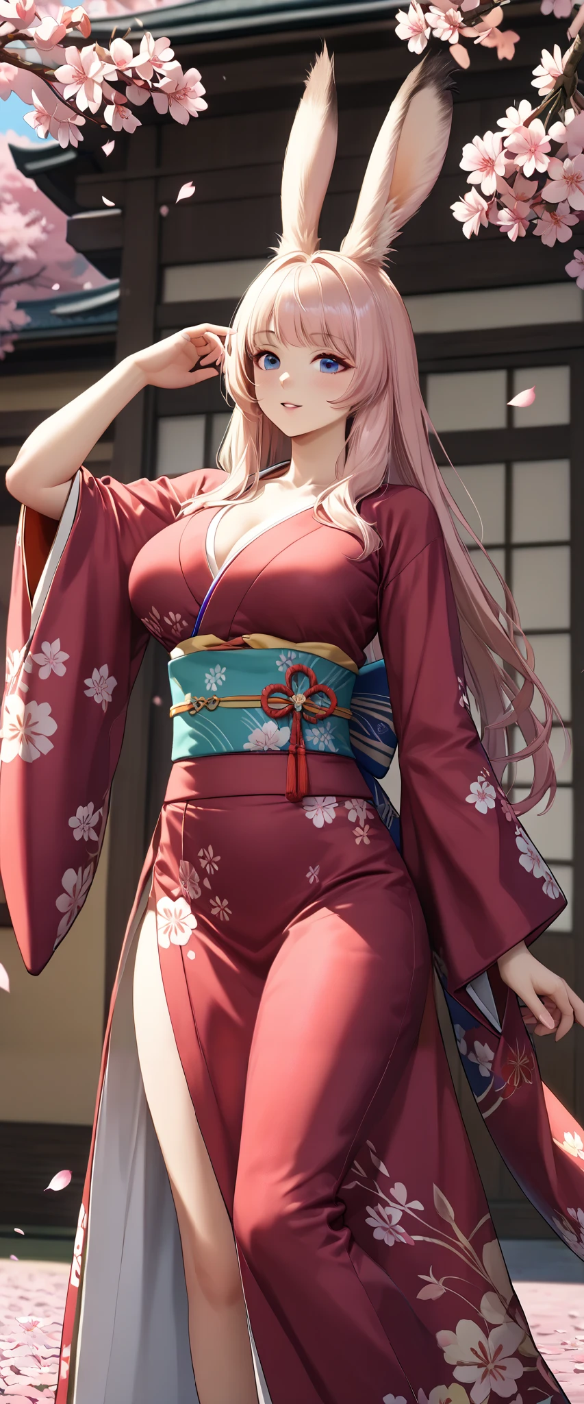 (Top Quality、masterpiece、winning work、16k), 、((A solo sexy Viera lady, Dancing splendidly: 1.2))、((geisha、Oiran、sexy Japanese traditional kimono dress、very details Cherry blossom flowers printed on kimono dress:1.5)), ((big breasts:1.2), (Big Breasts:1.2), (raised and crisp bust:1.2), (lifts the chest:1.2), (Perky breasts :1.2), , ( double breasted,Underbust:1.2), button gap with, walks under a row of cherry blossom trees、Sakura Fubuki, Clothes from strong winds blow up、cherry blossom petals are blown away by strong winds