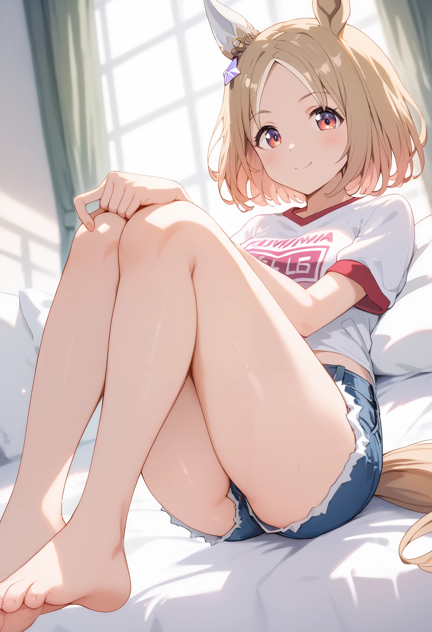 Narita, horse tail, short hair, animal ears, ear ornament, ear covers, single ear cover, 1 girl, Alone, anime style,cute girl,Best Quality, super detailed, anime style,8k, high resolution, detailed images,(( white short sleeve shirt)),((yellow mini denim shorts)),(room),((lying on your back on a white bed)),((Standing on both knees and opening legs)),(looking here),((Impatient and shy face)),and my cheeks are dyed slightly red
,((Image looking at the whole body from under the feet)),(full body above thighs),(front view),high quality DVD,high image quality,(Image looking at the upper body from below the thighs),((Image viewed from underfoot)),(Upgraded image of shorts),((character up image))