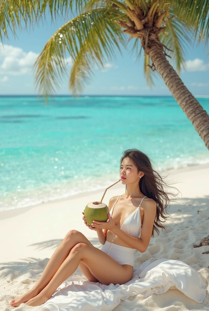 a woman in a bikini standing next to a large bunch of bananas