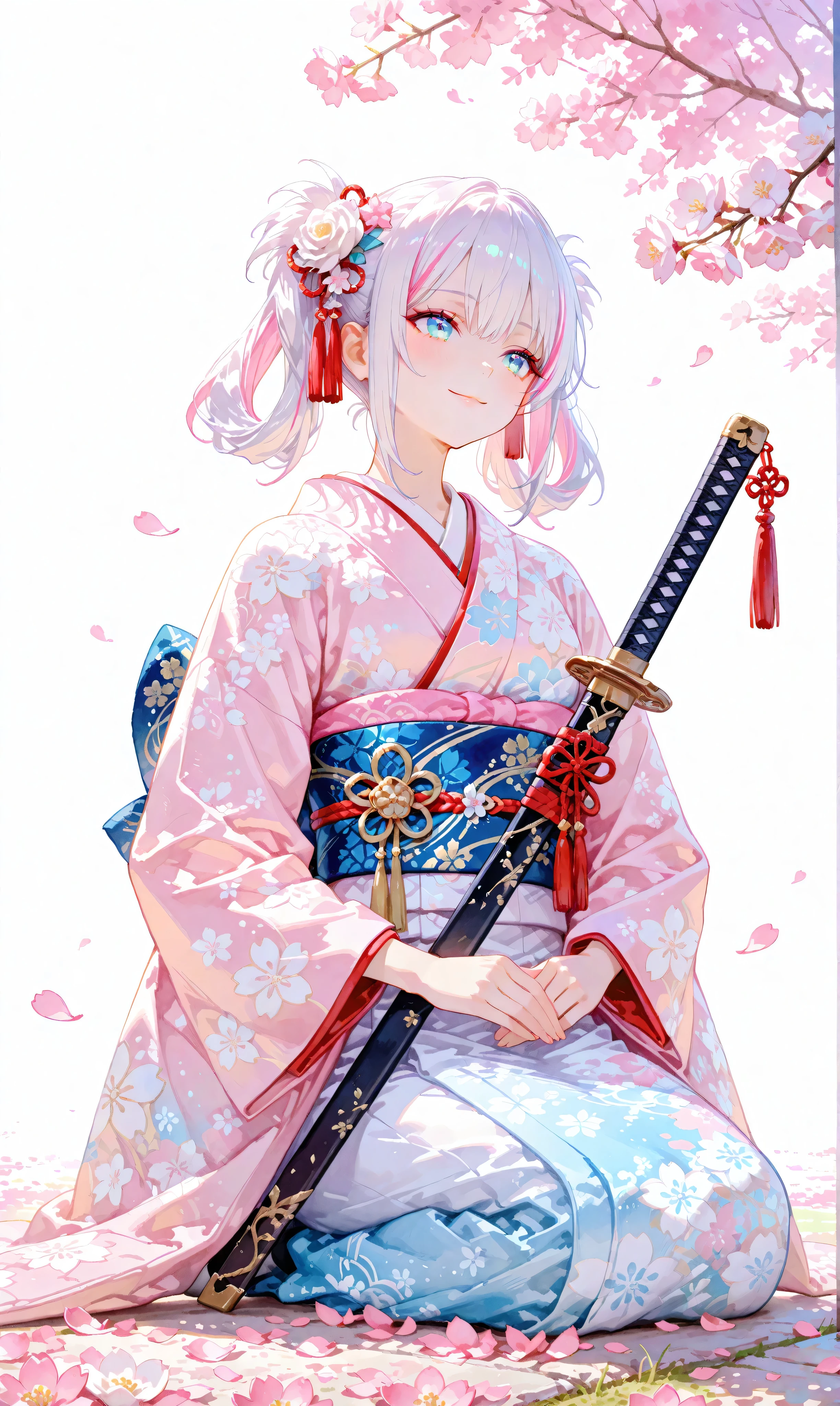 A lone girl with long, jet-black twin tails adorned with delicate white highlights, tied with ribbons, wearing an intricately designed kimono featuring Japanese floral patterns, her striking blue eyes shimmering with quiet resolve. She sits on the ground, a katana resting horizontally beside her, a small, serene smile playing on her lips as she begins to rise, radiating a sense of hope. The setting is a cherry blossom avenue, where scattered white rose petals intermingle with vibrant pink sakura, illuminated by the soft golden glow of sunrise. This tender fusion of battlefield remnants and blooming cherry blossoms evokes renewal and new beginnings, with dawn’s light casting a gentle, uplifting ambiance. Her figure is framed against a simple white background, crafted with a watercolor touch (0.4) and pastel hues (0.6), delivering an ultra-high-resolution portrait that captures the exquisite details of her kimono, hair, and the tranquil cherry blossom surroundings.