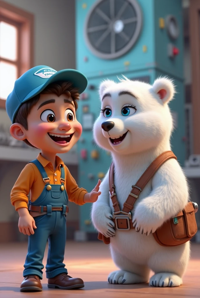 Happy 5 year old boy, Disney style, blonde hair with short cut, wearing a shirt and shorts is next to the polar bear, with a curious expression, doing questions. girl, Disney style, blonde and wavy hair, waist height and brown eyes, wearing denim overalls, with colorful socks and sneakers stands next to him with a determined expression, as a happy girl, Disney style, cabelo loiro e liso waist height and brown eyes, wearing pink dress is smiling slightly. The polar bear is talking, holding toilet paper roll and coke bottle, The scene takes place in the schoolyard, with the floor decorated with colored chalk drawings showing Fizz Mountain and the giant Coca-Cola