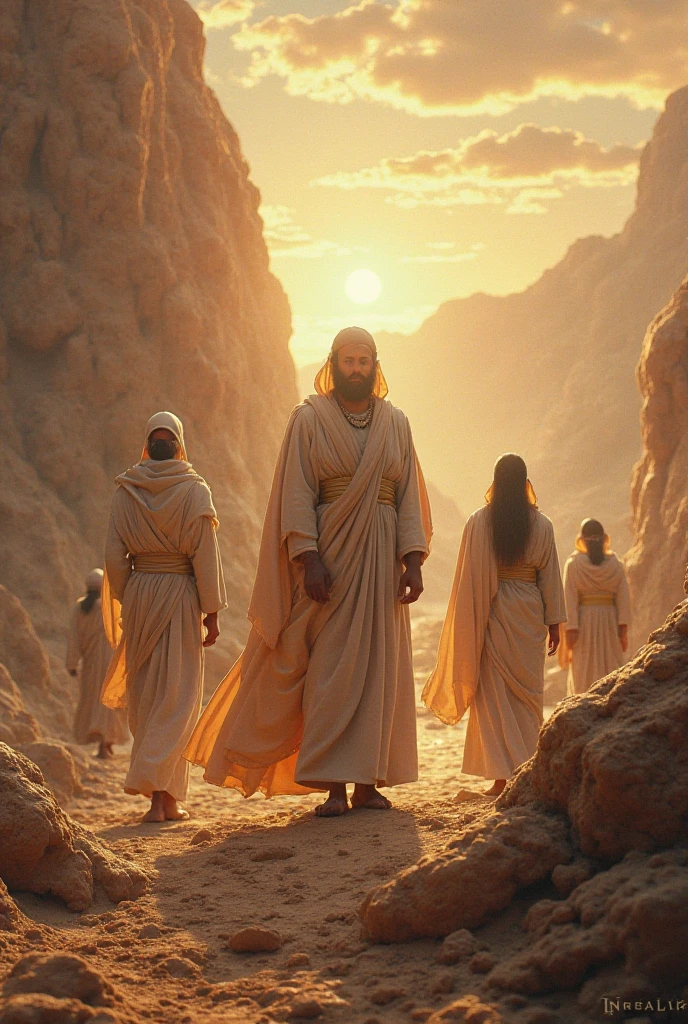 Four young Jews between 15 and  who live in Babylon at the time of Nebuchadnezzar look happy and well dressed and in good health. One has blond hair, one has reddish hair, one has brown hair, one has black hair. Both are walking through the gardens of the royal palace.