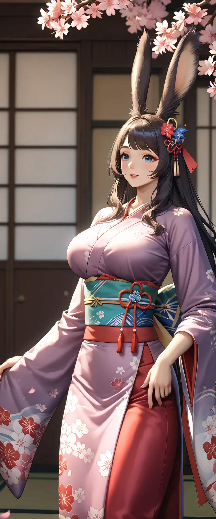 (Top Quality、masterpiece、winning work、16k), 、((A solo sexy Viera lady, Dancing splendidly: 1.2))、((geisha、Oiran、sexy Japanese traditional kimono dress、very details Cherry blossom flowers printed on kimono dress:1.5)), ((big breasts:1.2), (Big Breasts:1.2), (raised and crisp bust:1.2), (lifts the chest:1.2), (Perky breasts :1.2), , ( double breasted,Underbust:1.2), button gap with, walks under a row of cherry blossom trees、Sakura Fubuki, Clothes from strong winds blow up、cherry blossom petals are blown away by strong winds