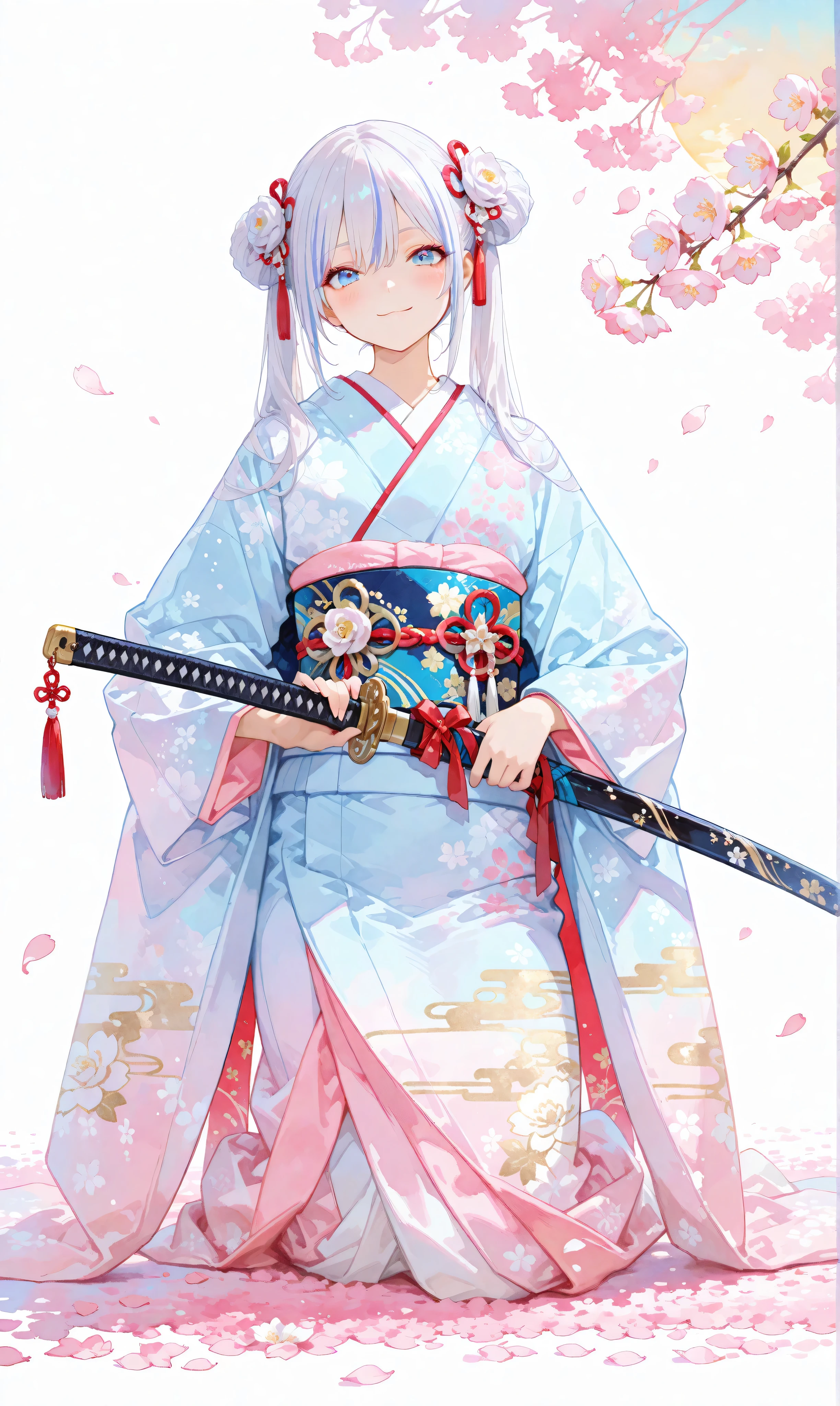 One girl with glossy, jet-black twin tails accented with thin white highlights, secured by ribbons, dressed in an elegant kimono adorned with traditional Japanese patterns, her striking blue eyes shimmering with resolve. She is seated on the ground, a katana placed horizontally at her side, her small smile conveying warmth as she rises, symbolizing a new beginning. The backdrop features a cherry blossom avenue, where scattered white rose petals intertwine with lush pink sakura, bathed in the golden glow of sunrise. This harmonious mix of past struggles and blossoming beauty evokes hope, with the dawn light casting a peaceful ambiance. A simple white background accentuates her presence, rendered with a watercolor effect (0.4) and soft pastel tones (0.6), showcasing ultra-detailed textures in her kimono, hair, and the vibrant cherry blossom setting.