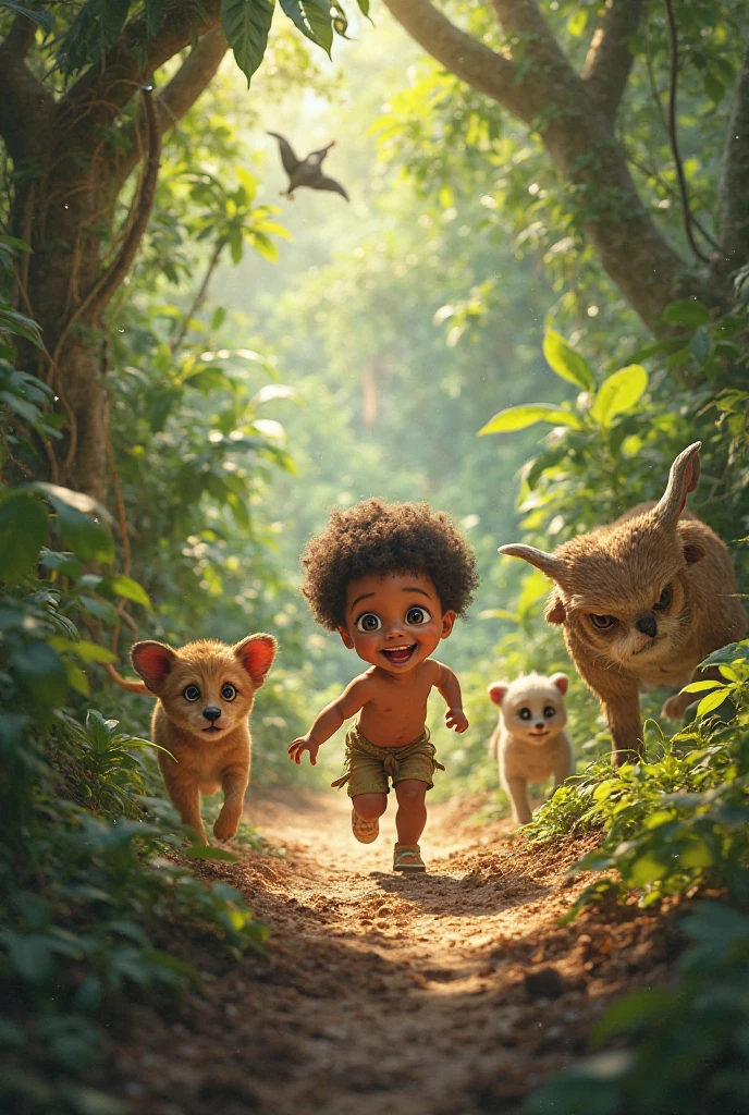 Eight month old baby girl dressed in safari dress black short hair curled at the ends hair cut on the sides big eyelashes round dark eyes full mouth in a jeep with a lion baby a zebra baby a giraffe baby an elephant baby inside the jeep Pixar 3d