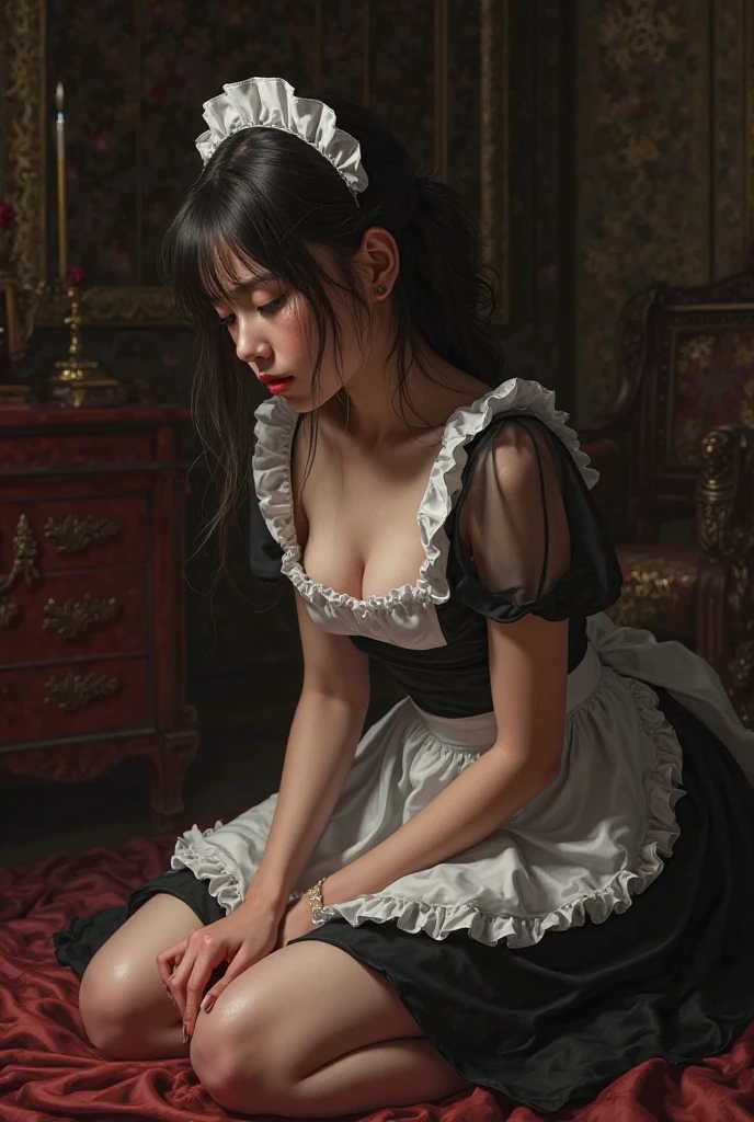 A woman。The face is delicate。Long flowing hair。White dress。lying down in the room。Seriously injured。Embarrassed。Bloody atmosphere
