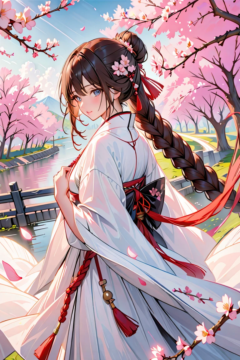 highest quality masterpiece (1.4), highest resolution, A stunning japanese girl, enveloped in a breathtaking Japaneses dress, stood before the crowd, Her exquisite face shone with inner radiance, adorned subtly with enhancements, Long flowing hair cascaded down her back, sparkling in the sunlight, capturing all eyes, A moment of serenity before the battle commenced, her eyes reflecting determination and unwavering focus, She elegantly styled her hair in a high, intricately braided bun, Holding it in place with expertly woven hairpins, With a graceful and swift movement. She is standing under many cherry blossom trees. The cherry blossom petals are fluttering like a drizzle. The background is depicted slightly blurred.