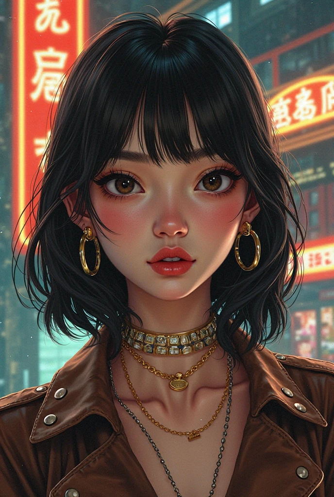 Girl, like , short black wavy hair to mid-neck, dark green eyes, wear K-pop style clothes. anime style.