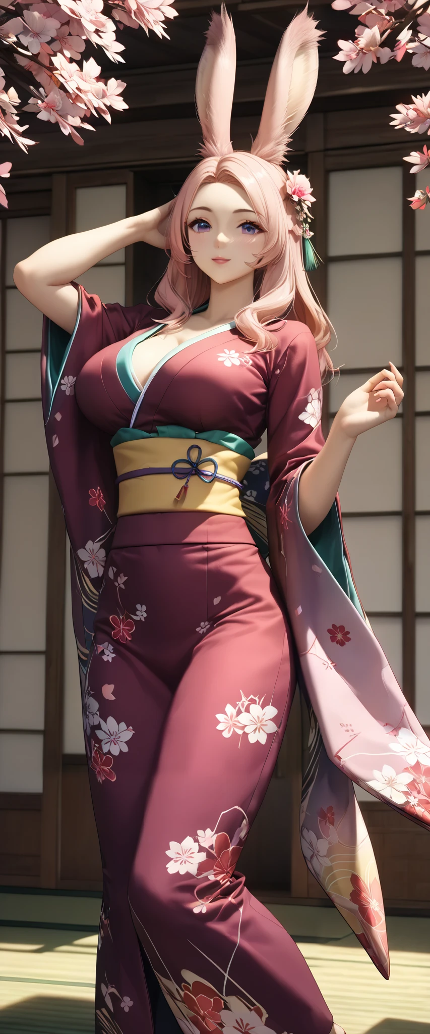 (best quality,4k,8k,highres,masterpiece:1.2),ultra-detailed,(realistic,photorealistic,photo-realistic:1.37),portrait,sexy woman,slender,large breasts,full body view,leg view,foot view,pink heels,pink colored hair,long hair,open yukata,semidressed