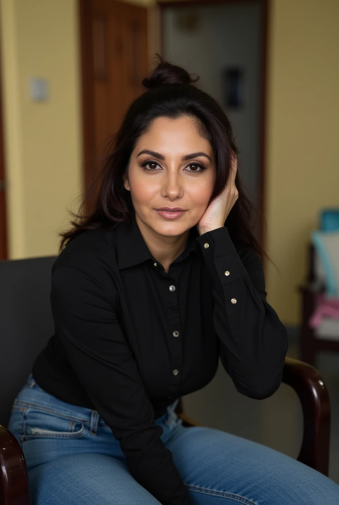 a woman smiling, this person does not exist, mixed race, french-cuban, 30 years old, wearing a black tshirt and grey sweatpants, she is standing inside of her living room, Alicia Vikander-Bebe Neuwirth-Ricki Lake-Sarah Michelle Gellar-Itziar Ituño-Archie Panjabi-Rakul Preet Singh-Alba Flores-Angelina Pivarnick-Madhuri Dixit-Amita Suman-Harriet Canes Merged, entire body visible, full body, hyperrealistic, best quality, 8K, masterpiece, extremely intricate, detailed eyes, detailed face, detailed body, exaggerated features, pronounced features, fujifilm