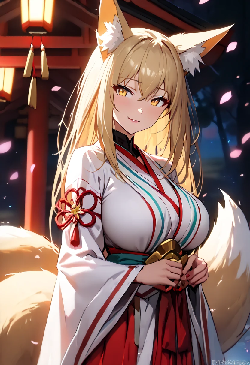 highest quality、Smirking face、Red Eye、Big breasts、belly button、Fox ears、Long blonde、Kimono、Black Pantty、Japanese-style room