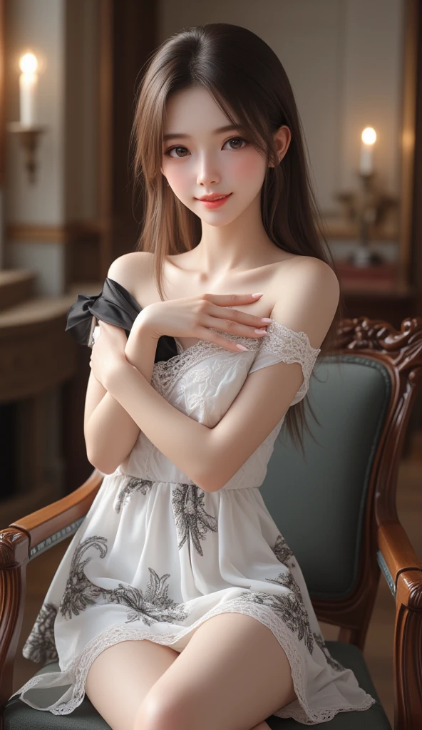 solo, finest image, sexy beautiful woman, amorous expression, lewd expression, light brown glossy iridescent hair, large breasts, slender proportion, squat with your legs wide open, pure white lace long dress, background clear skies, in the room, professional lighting
