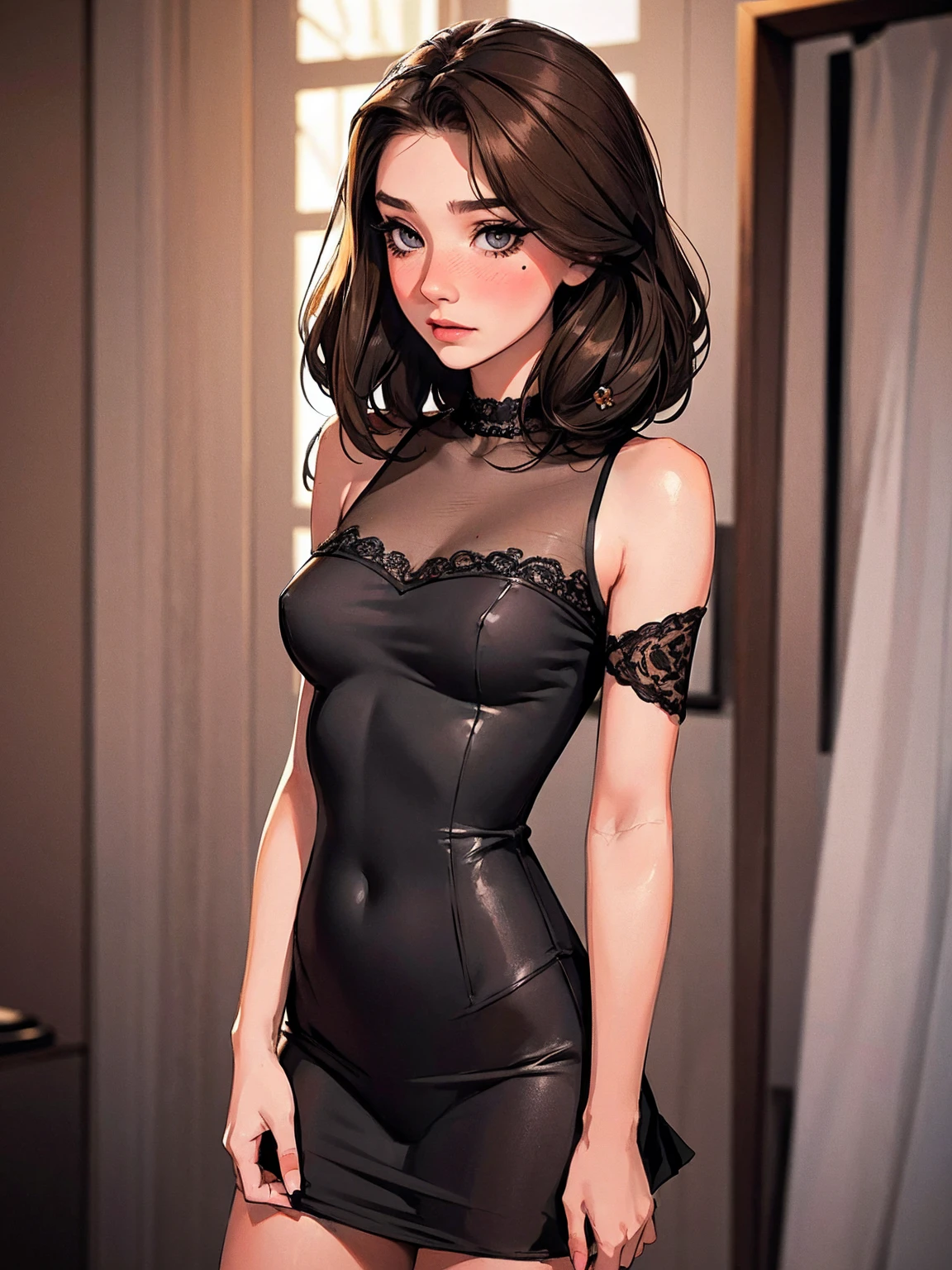 (NSFW1.8), (Ultra Realistic), (High Resolution), (8K), (Very Detailed), (Best Illustration), (Best Detail), (Beautiful and Detailed Eyes), (Best Quality), (Ultra Detailed), (Masterpiece), (Wallpaper), (Detailed Face), Solo, Girl Alone, Viewing Viewer, Fine Detail, Detailed Face, In Dark, Deep Shadows, Discreet, pureerosfaceace_v1, Smile, Bust, Transparent Panties, Mekosuji, Standing, Alloy Belt, Wearing High Heels, Necklaces, earrings, half shoulders, maid's clothes, undressing, long hair, shaggy hair