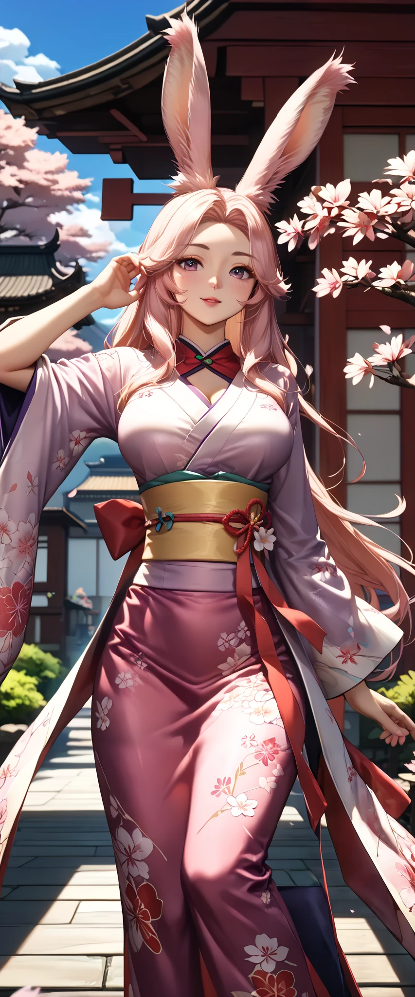 (Top Quality、masterpiece、winning work、16k, very detailed: 1.3), 、((A solo sexy Viera lady, Alluring、seductive、Dancing splendidly: 1.2))、((geisha、oiran、sexy Japanese traditional kimono dress、very details Cherry blossom flowers printed on kimono dress:1.5)), ((big breasts:1.2), (Big Breasts:1.2), (raised and crisp bust:1.2), (lifts the chest:1.2), (Perky breasts :1.2), , ( double breasted,Underbust:1.2), button gap with, walks under a row of cherry blossom trees、Sakura Fubuki, Clothes from strong winds blow up、cherry blossom petals are blown away by strong winds