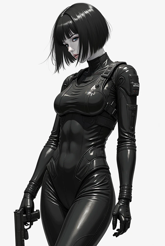 Gamora in white cybernetic armor suit, with black accents, seamless bob cut