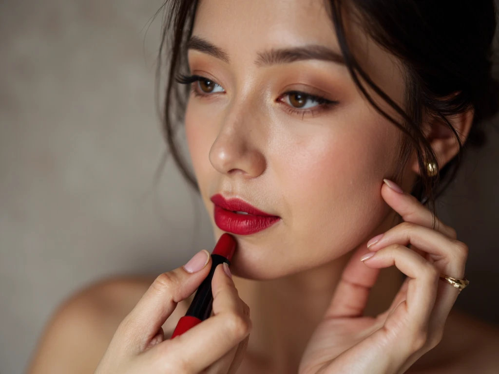 ultra realistic, photography, portrait, close-up, extreme close-up, long black straight hair in a ponytail, (30 years old, hazel eyes, hourglass figure, perfect fit body, slightly tanned skin, natural big breasts), she is wearing a tight white turtleneck top with a little window for cleavage, she is re-applying red lipstick onto her lips, her mouth is open