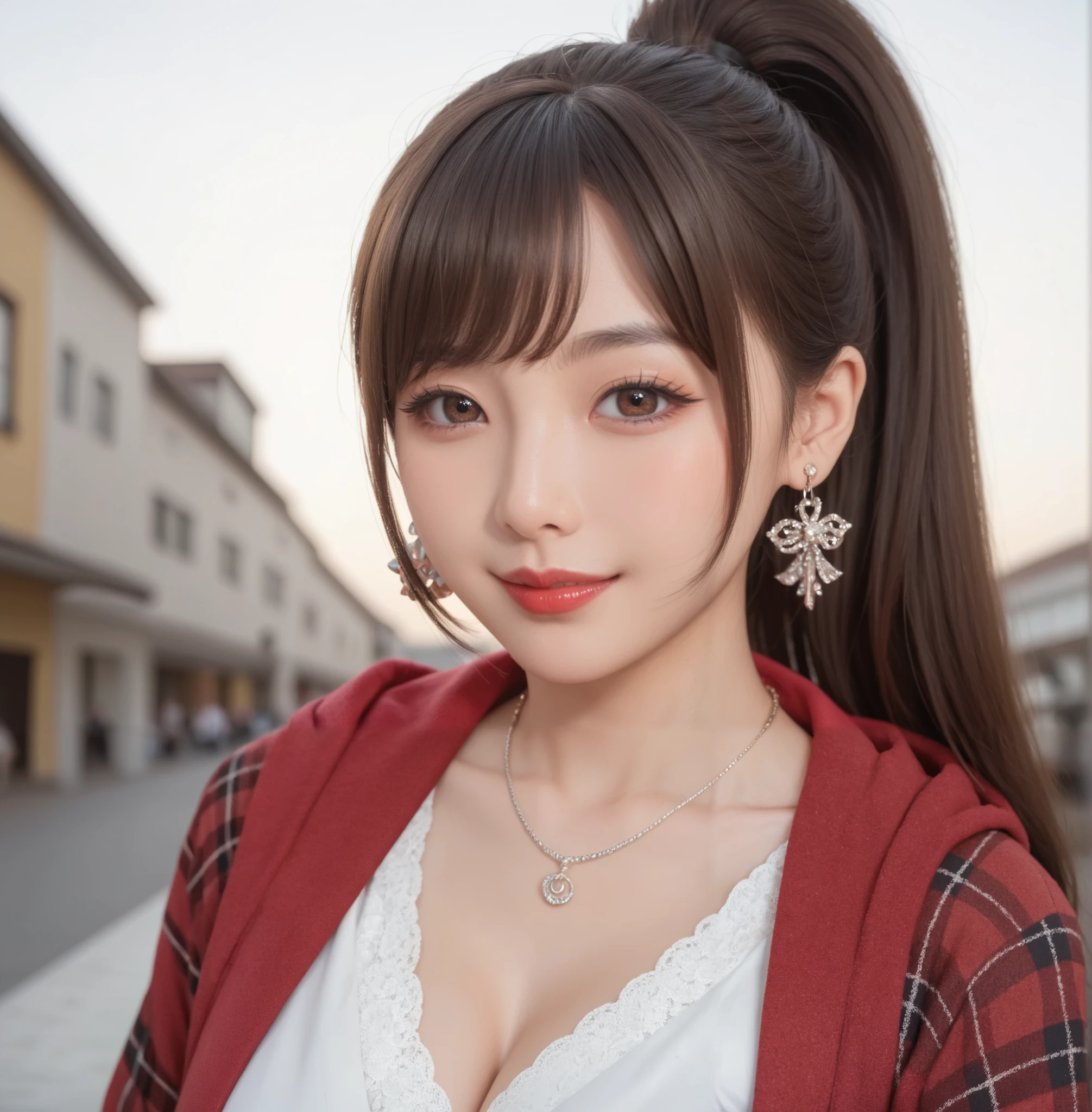 high quality DVD,realistic,Detailed skin texture,Beautiful Japanese 18 year old woman,A pretty expression,seductive smile,virtual YouTuber,4K,fantasy,portrait,details,real,Professional,vivid,Bokeh,studio lighting,extreme detail,photo shoot,high dynamic range front ponytail (brown hair 1:2)brown eyes Big cute eyes Young face high nose small mouth long eyelashes double eyelids model figure black ribbon earrings,necklace Natural Makeup red lipstick,Big Breasts 1:2,stares at the audience Full body (loose and oversized brown hoodie) white blouse plaid mini skirt colorful nail polish stares at the audience Close one eye and hold with your left hand