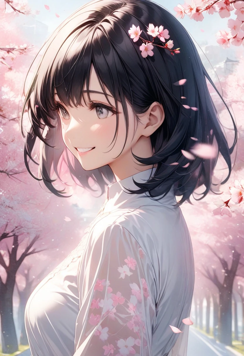 Black-haired beauty, A gentle smile for a lover, looking here, white blouse and gray long skirt, Close-up of upper body, Cherry blossom trees(double exposure:0.6, pink background blur, cherry blossom blizzard effect:1.2)