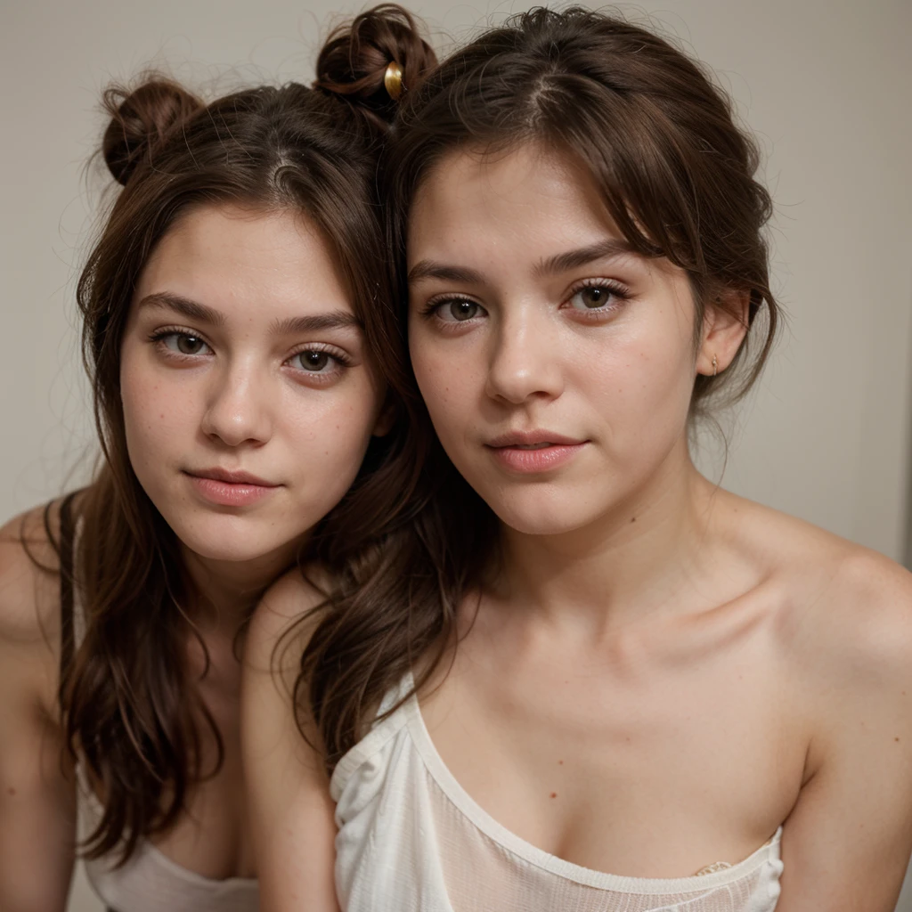 twogirls, kissing, small, Kiss, They wear low-cut and short dresses, long hair, ba lighting, realisitic, no mistakes, beautiful, baby face, juvenile